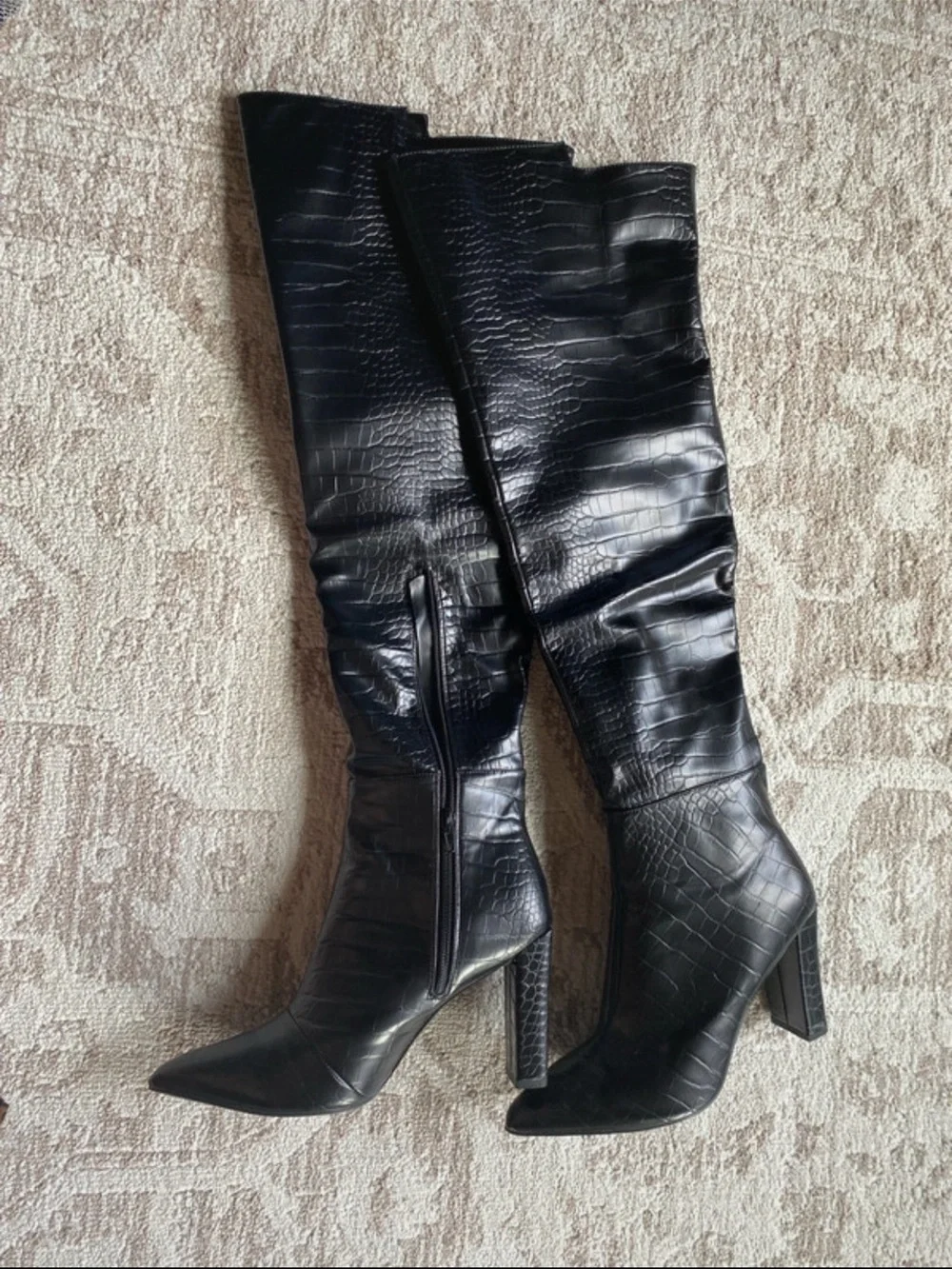 Black Croc-Embossed Knee-High Heeled Boots
